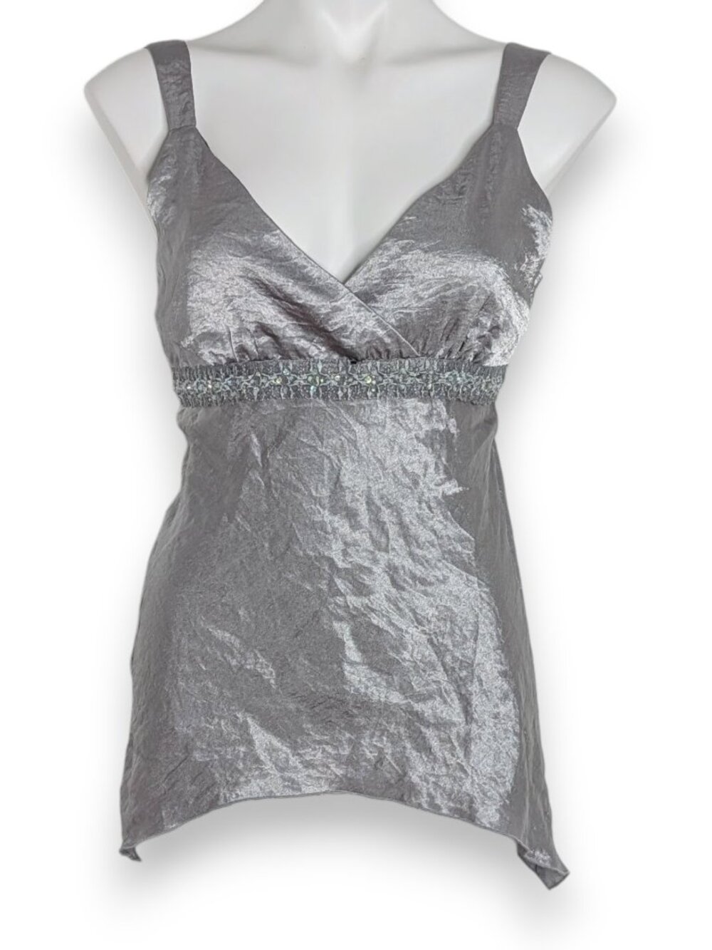 Y2k Silver Metallic V Neck Babydoll Sequin Empire Waist Handkerchief Hem Tank
